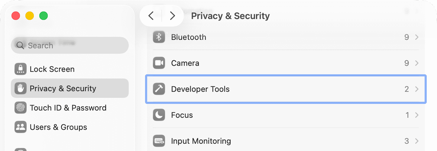 Screenshot of macOS System Settings showing the Privacy & Security pane